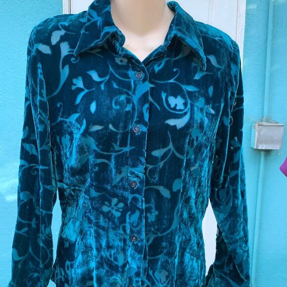 VINTAGE 90s Teal Rayon Silk Devore Burnout Velvet Blouse S - Picture 2 of 6